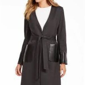 Calvin Klein Women's Faux-Leather-Trim Black Belted Jacket.